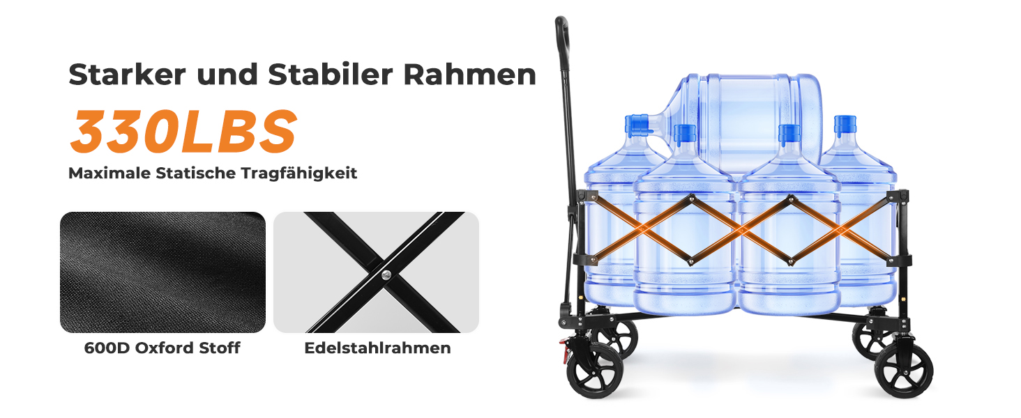 Візок складний SLIDBEAT Bollerwagen 150л, 150кг, чорний XL: для кемпінгу, покупок, саду, пляжу. Гальма, регульована ручка, тримач для напоїв.