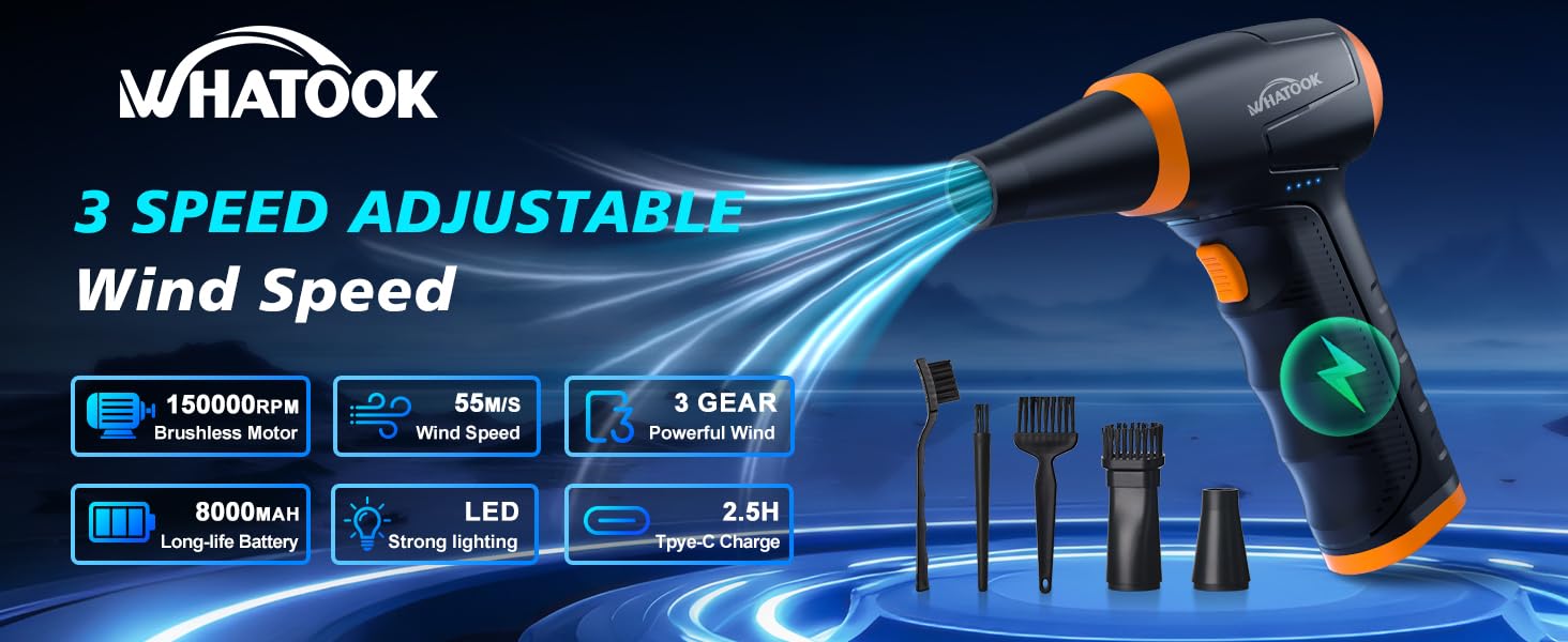 Електричний пилосос-фен WHATOOK Mini: 3 швидкості, 150000 обертів/хв, акумулятор 8000mAh, LED, для чищення ноутбука, клавіатури, авто
