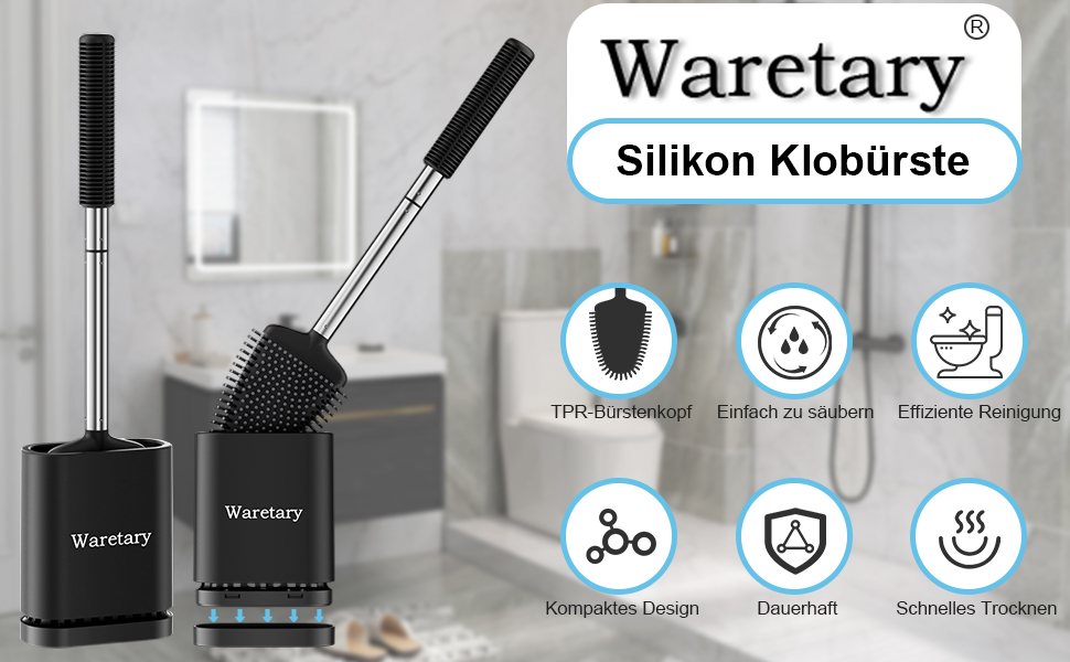 Щітка для унітазу Waretary з силіконовою щетиною та тримачем з нержавіючої сталі, гнучкий наконечник для глибокого очищення, швидковисихаюча, для кріплення на стіні або встановлення на підлогу, чорний