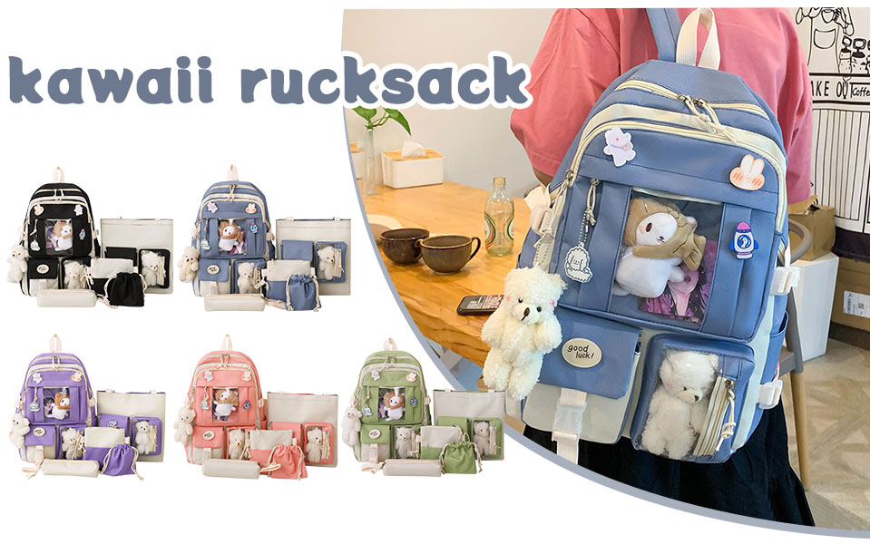 Яскравий рюкзак з милим аксесуаром, 5-ти частинний набір, великий рюкзак у стилі Харадзюку, трендовий рюкзак для школи, коледжу, подорожей, з нашивками, для дівчат, блакитний