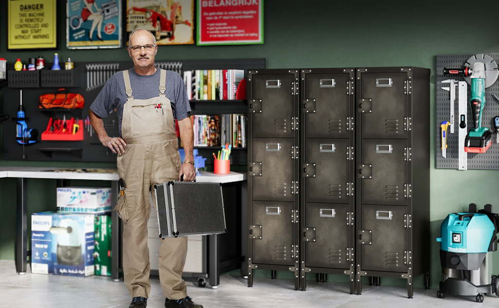 Metal locker with lockable doors, industrial steel cabinet for school, home, office, garage, H140*W38*D46 cm (3 doors)