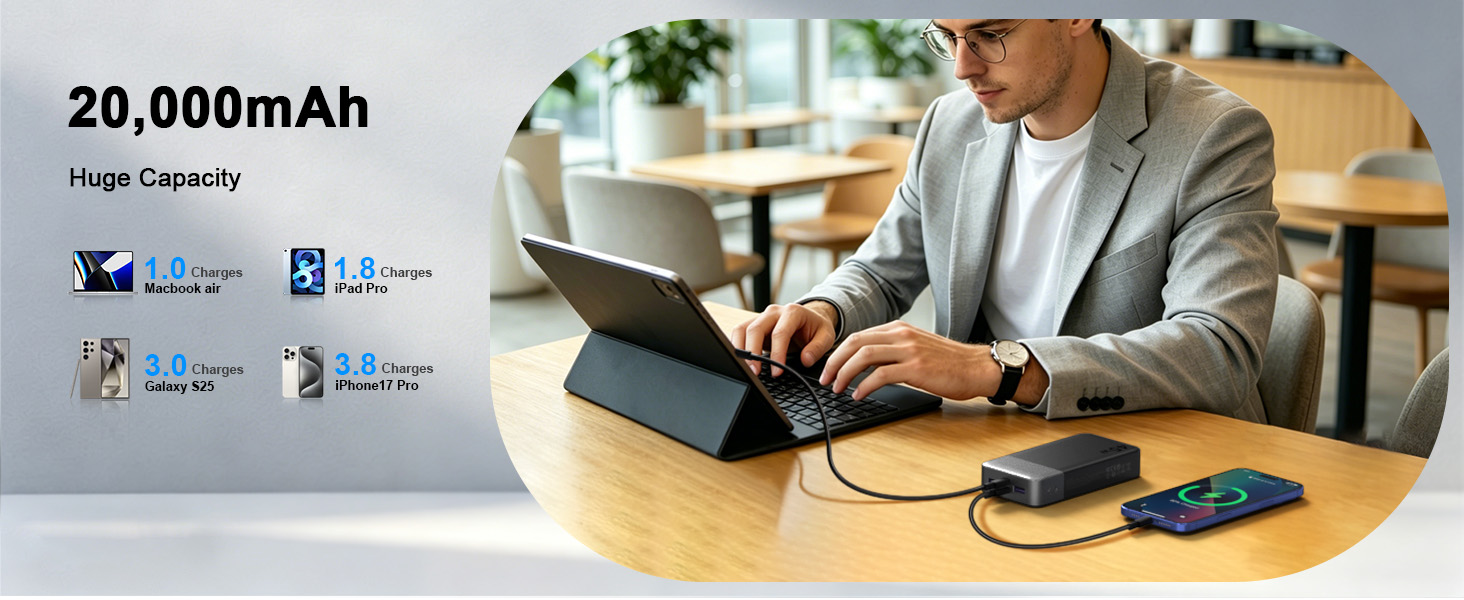 Power Bank NOBIS 20000mAh 45W Чорний: швидка зарядка USB-C/USB-A, цифровий дисплей, режим для малопотужних пристроїв