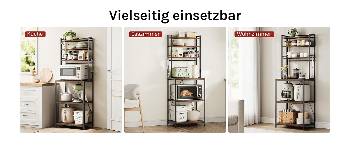 Стелаж кухонний Woltu з 6 полицями, з гачками, з металу та інженерної деревини, 60 x 167 x 40 см, рустичний коричнево-чорний