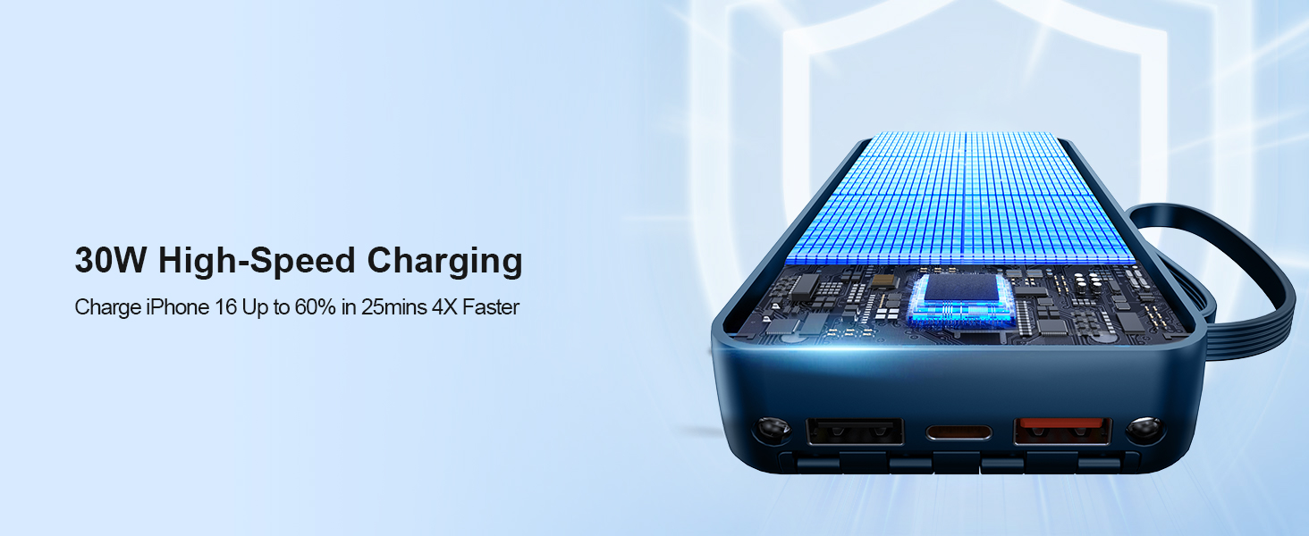 Повербанк 27000mAh з 4 вбудованими кабелями та LED-дисплеєм, швидка зарядка 30W USB-C для iPhone, Samsung, iPad та Android смартфонів (Темно-синій)