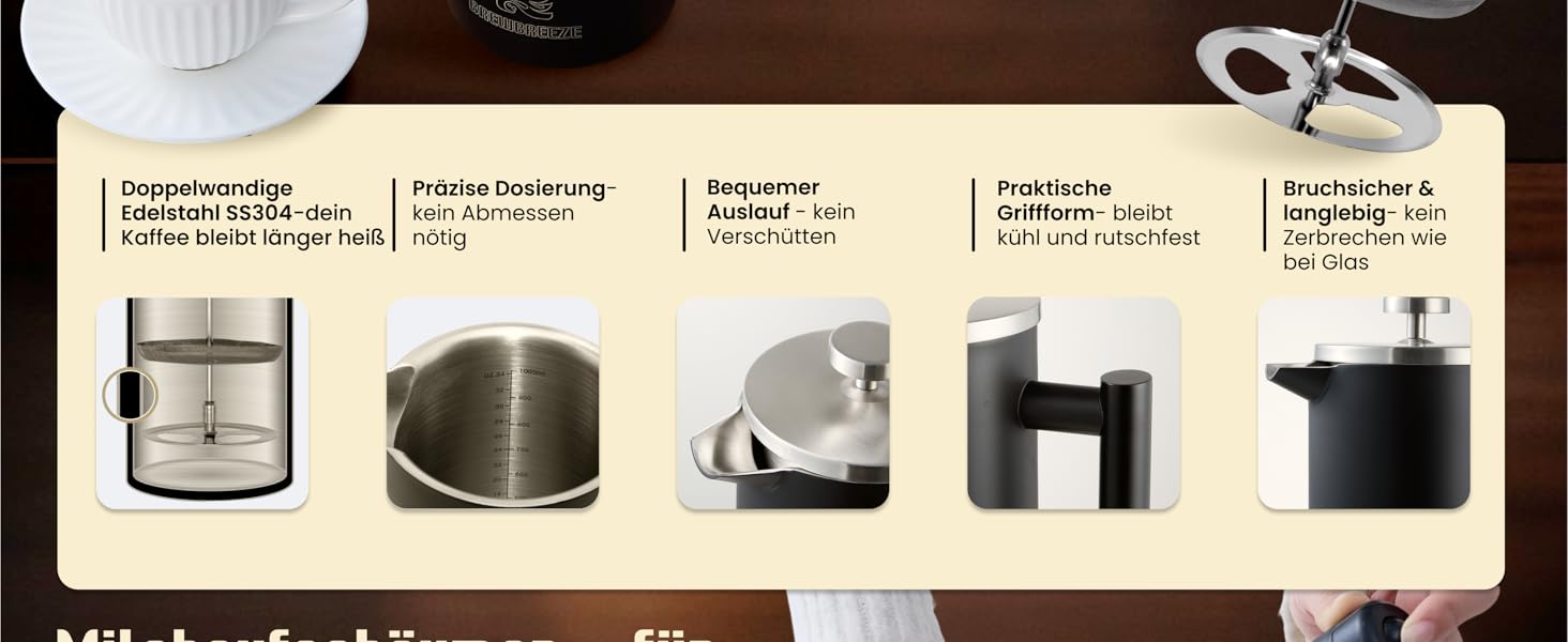 Набір для приготування кави френч-прес, термоізольований, з пітчером для спінювання молока, нержавіюча сталь (чорний, 1 літр)