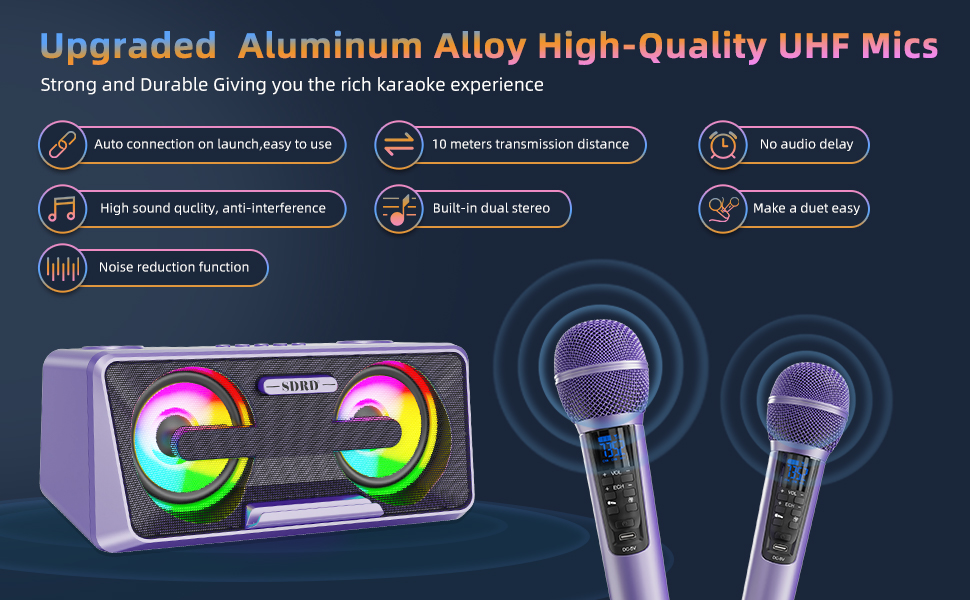 Караоке-машина з 2 бездротовими мікрофонами, Bluetooth, світлові ефекти, підставка для телефону (Lila)