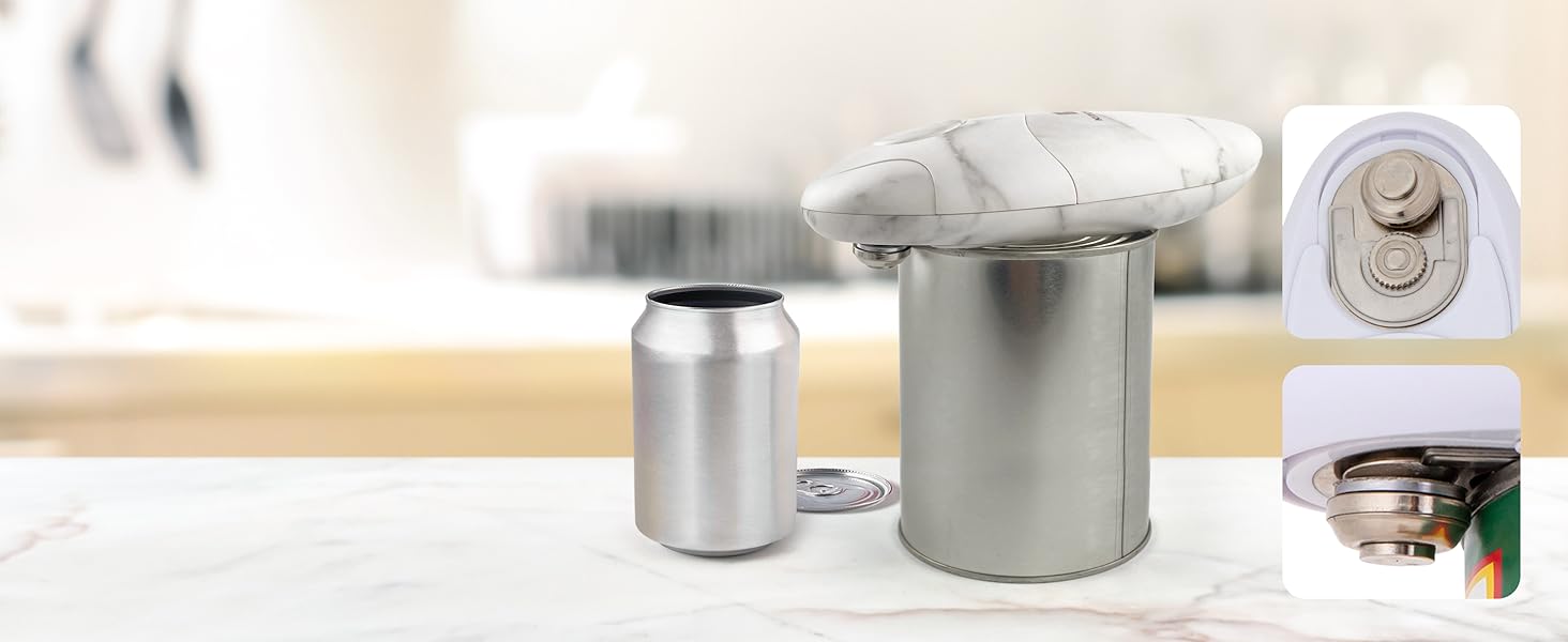Електрична відкривачка для консервів Kitchen Mama Auto 2.0, автоматична, батарейкова, з оптимізованим лезом, безпечна, гладкий зріз, мармурово-чорна