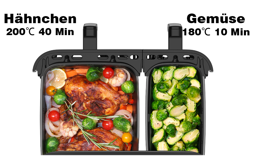 Фритюрниця повітряна подвійна 11л Airfryer, XXL фритюрниця з 2 кошиками, 7л/4л, для основного та гарніру одночасно, 2600W, 10 програм, сенсорний екран, нагадування про струшування