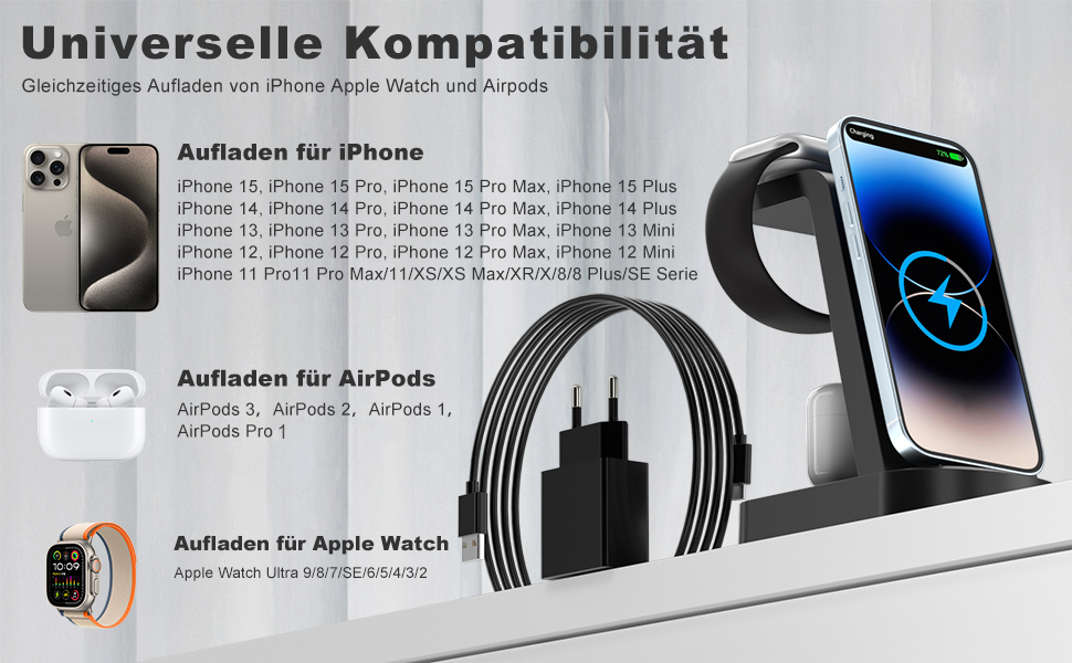 Бездротова зарядка 3 в 1 з адаптером 18W, сумісна з iPhone, Apple Watch, AirPods (чорний)