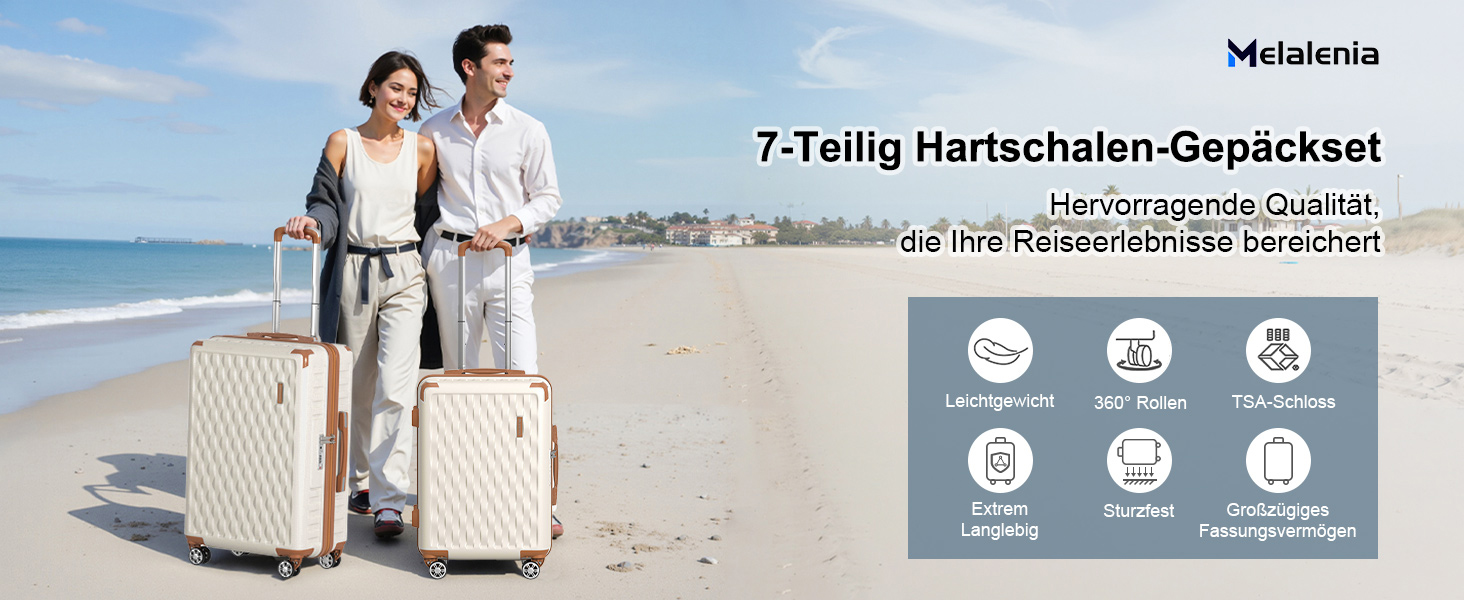 Набір валіз Melalenia 7шт з жорстким корпусом, легкий, з 4 колесами та TSA-замком. Включає косметичку, сумку для подорожей та кулькову сумку (Білий).