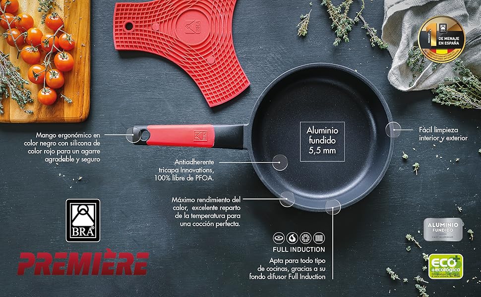 Гриль BRA Premiere смугастий 22 см, алюмінієвий литий, тришаровий з антипригарним покриттям без PFOA, для всіх плит (індукція), червоний