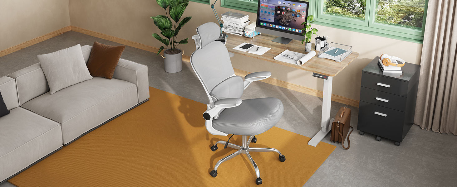 Офісне крісло Devaise ергономічне з підтримкою попереку, 3D-підголівником, регульованими підлокітниками та сітчастою спинкою, для офісу та дому, до 150 кг (сірий)