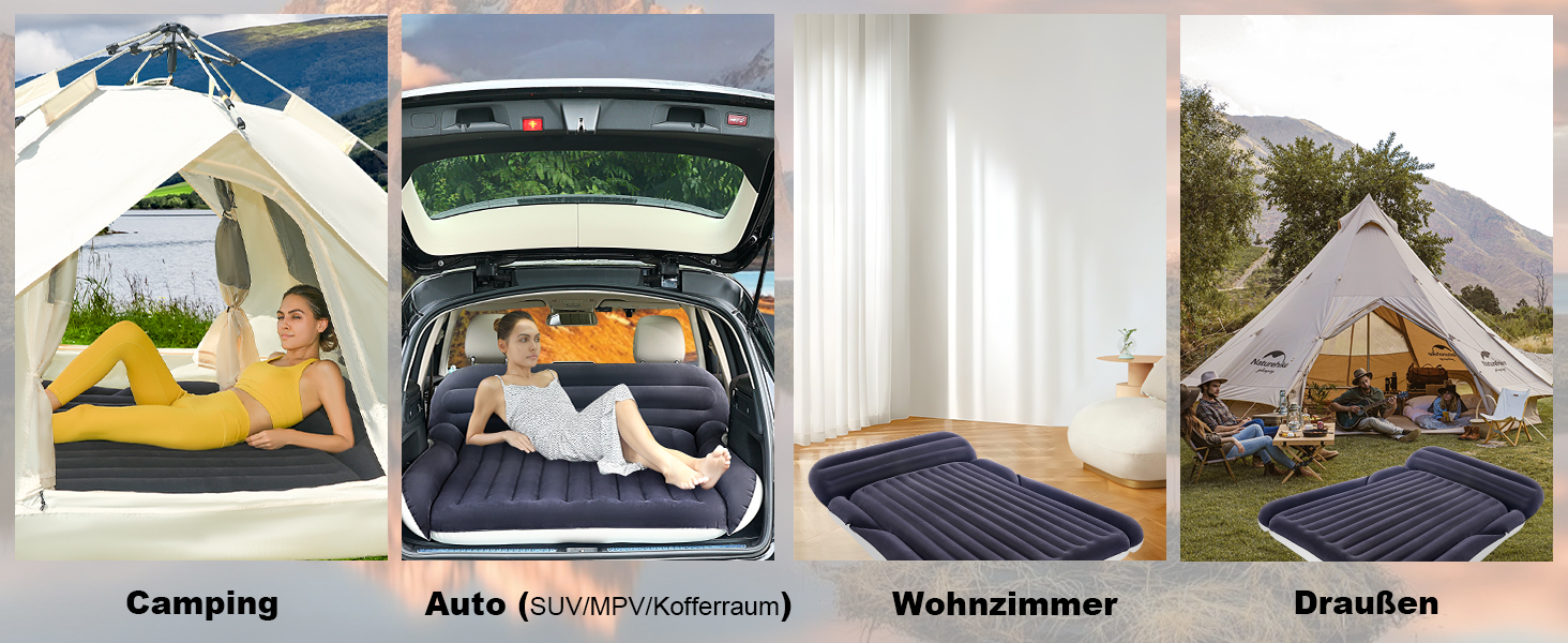 Надувний матрац SUV з 2 подушками – товстий, з фетром, для автомобіля – мобільні подорожі, кемпінг та відпочинок на природі – швидке надування та здування з електричним насосом