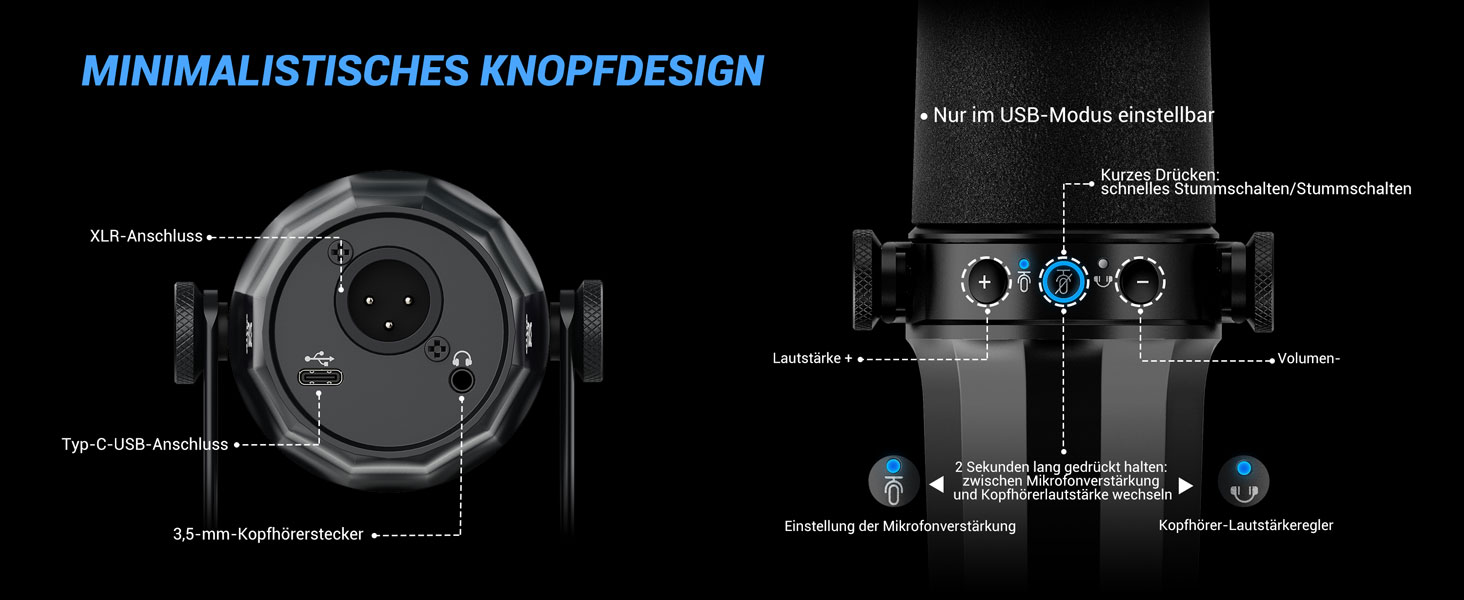 FDUCE SL40+ – динамічний мікрофон для подкастів, геймінгу та стрімінгу, USB/XLR, з кріпленням-жабою, вихід для навушників, кнопка вимкнення мікрофона, регулювання чутливості, чорний