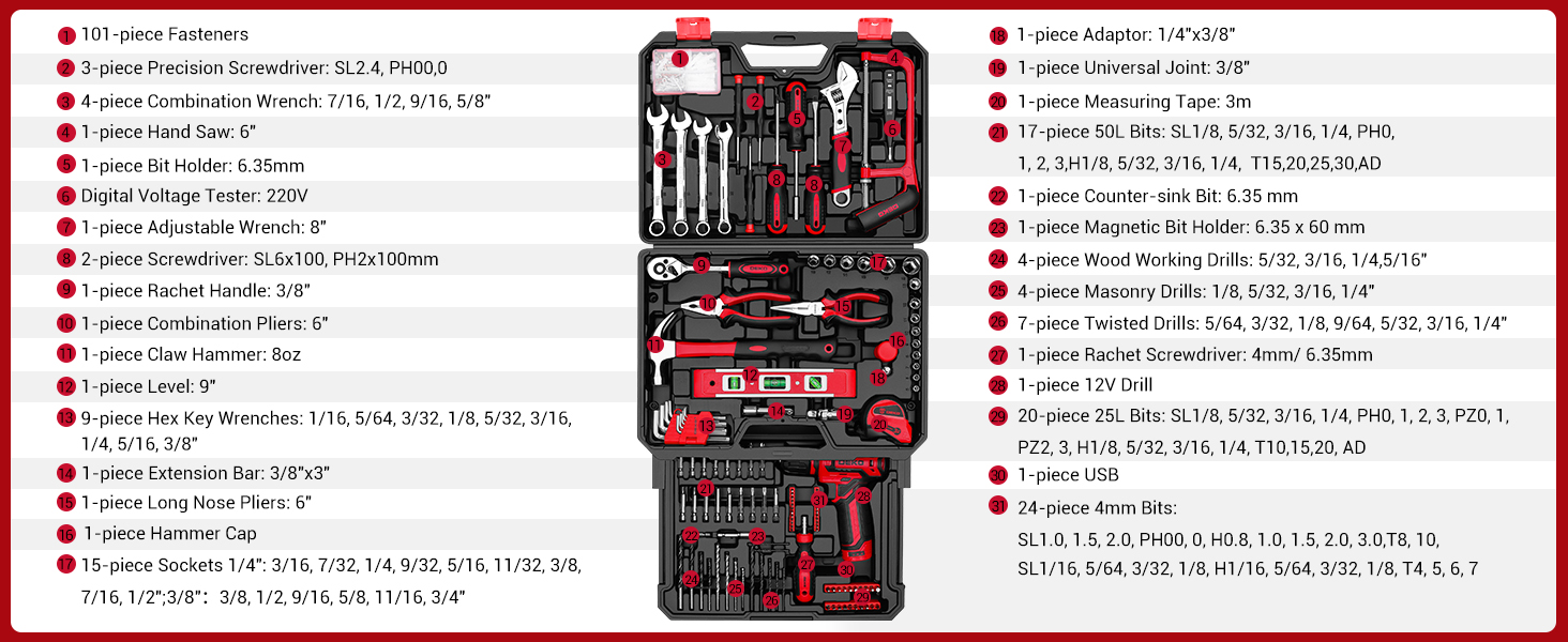 Акумуляторна дриль-шуруповерт DEKO 12V: набір інструментів 238 шт. з акумулятором для дому, ремонту та рукоділля (червоний)