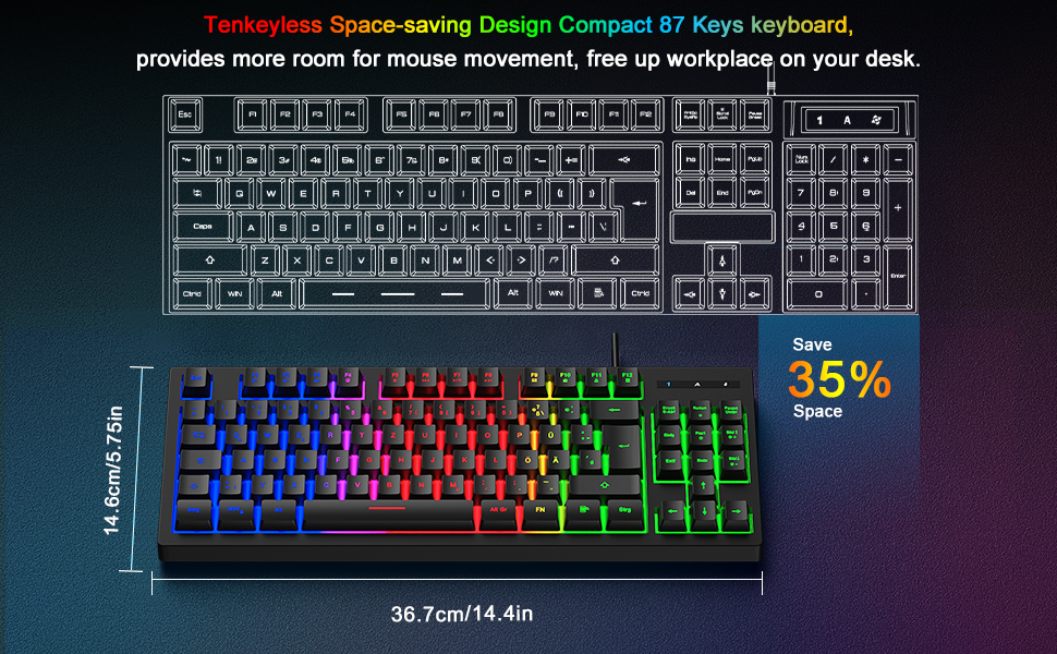 Ігровий набір клавіатури та миші, QWERTZ DE, 75% TKL, RGB, провідна, ергономічна, 4 кольори LED, великий килимок, USB, Plug & Play для ПК