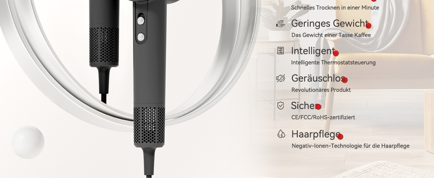 Фен з дифузором, потужний фен з мотором 160 000 об/хв, іонізатор, 500 млн негативних іонів, для подорожей та дому (сірий), сірий дифузор