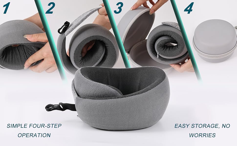 Подушка для подорожей під шию з ефектом пам'яті (Memory Foam) для літака та авто, сіра, з набором: беруші, маска для сну та сумка для зберігання