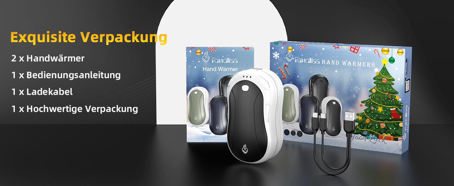 Електричні грілки для рук 2 шт. FANDLISS, портативні, акумуляторні, 6000mAh, до 12 годин роботи, USB, для кемпінгу, полювання, гольфу, білі та зелені (біло-чорні)