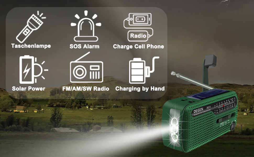 Радіо Degen DE13: портативне сонячне радіо FM/AM/SW з LED-ліхтариком, акумулятором та Powerbank для кемпінгу та надзвичайних ситуацій