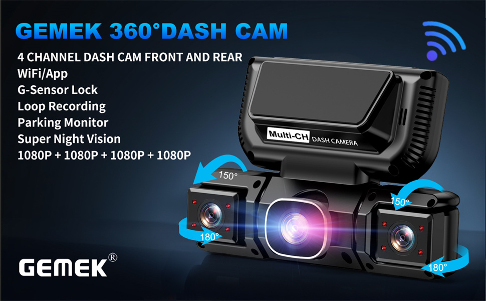 Автомобільний відеореєстратор GEMEK 4K/2K 360° огляду, 4-канальна Dashcam (передня, задня, ліва та права камери), 5G Wi-Fi, керування через додаток, G-сенсор, нічна зйомка, 3.16