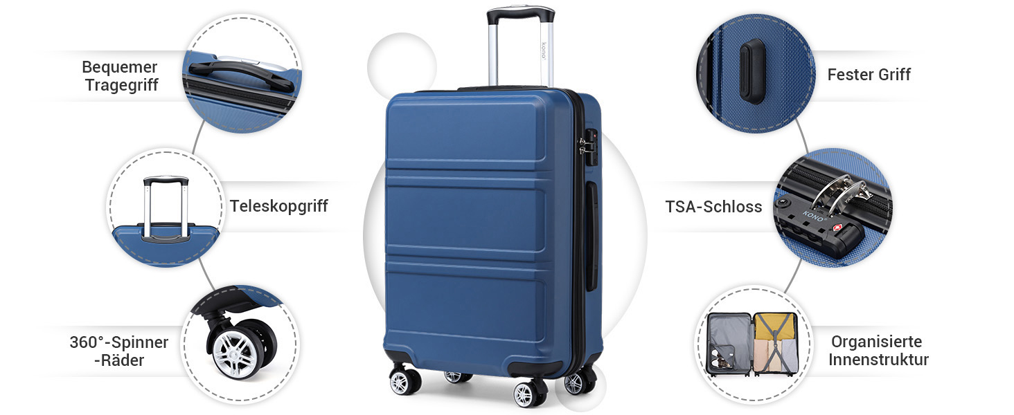 KONO Валіза-Тролей XL (74 см) з ABS+PC, 4 колеса, TSA-замок, для подорожей, бізнесу та сімейного відпочинку, темно-синій
