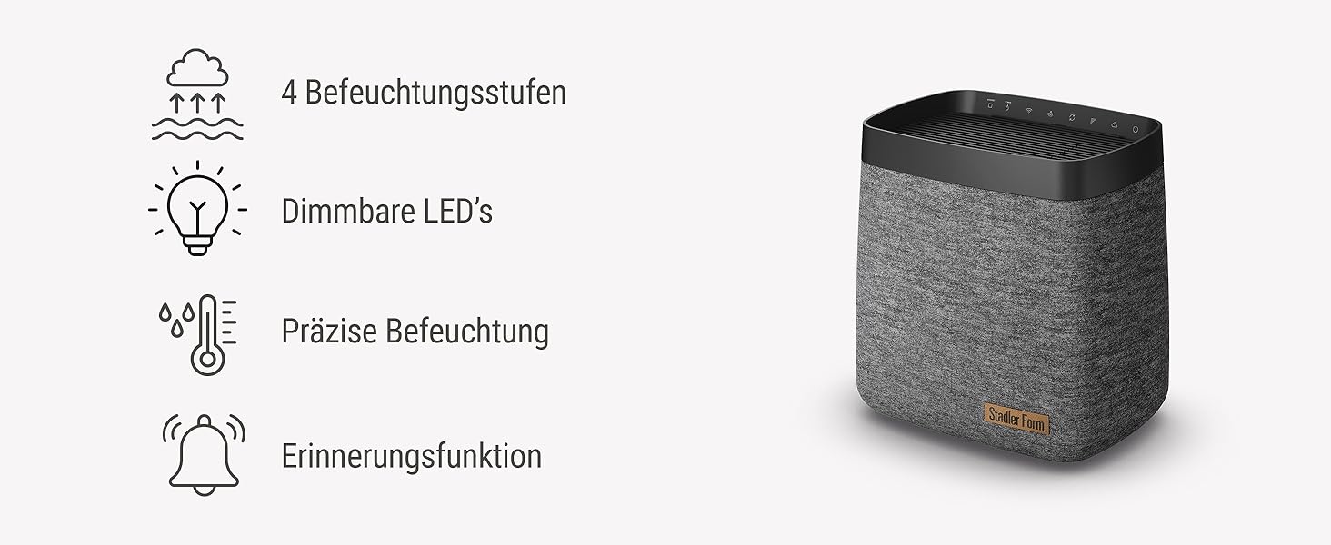 Зволожувач повітря Stadler Form Karl, тихий та потужний випарник для приміщень до 100 м², 4 режими зволоження, керування через додаток, чорний