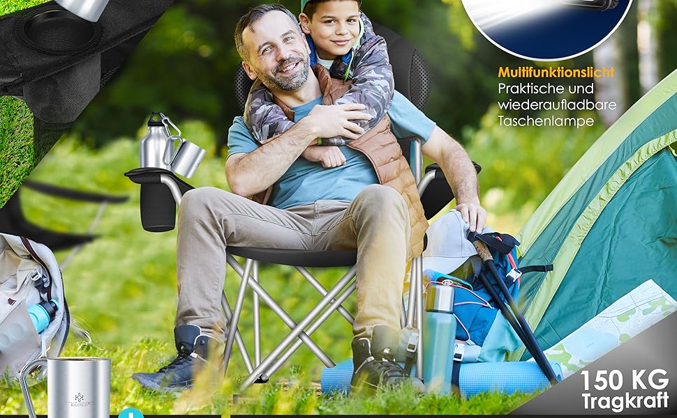 Крісло для кемпінгу KESSER® - складне, до 150 кг, з підлокітниками, високою спинкою, кишенею та тримачем для напоїв, хакі (чорний/чорний)