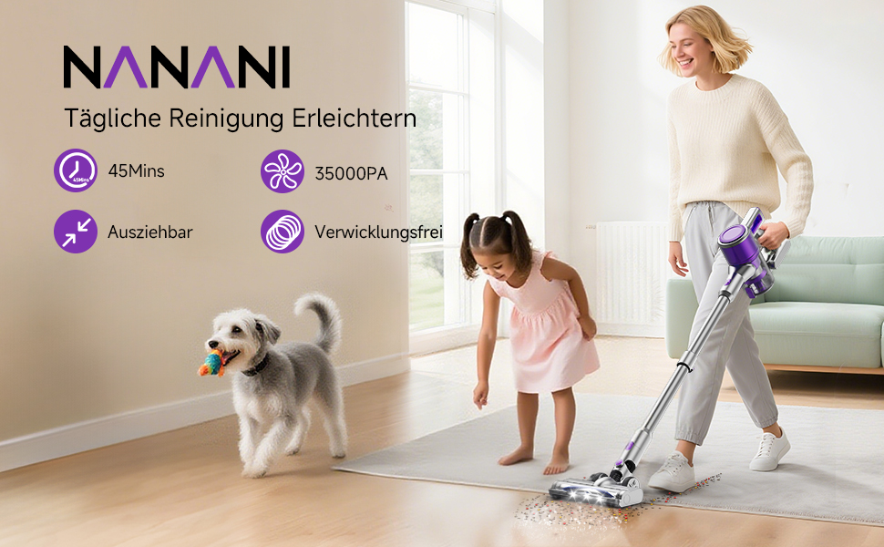 Бездротовий акумуляторний пилосос 35KPA/45Mins з LED-підсвічуванням, HEPA-фільтром та насадкою для підлоги, для тварин, килимів та твердих поверхонь, фіолетовий