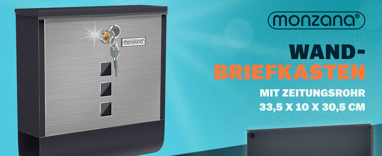 Поштовий ящик Monzana Kreuzschloss з мідним циліндром, поворотна кришка 31x10x34 см, вікно, табличка для імені, відділення для газет, сталь, 2 ключі, чорно-срібний