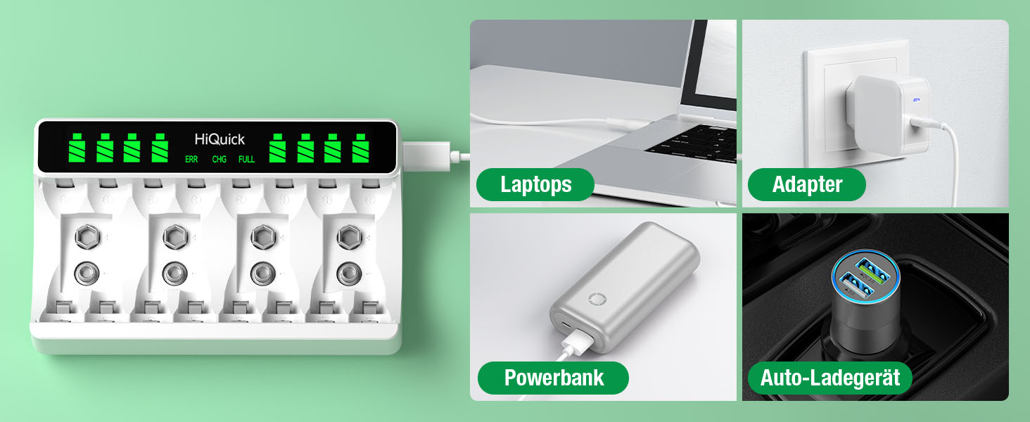 Зарядний пристрій HiQuick для акумуляторів AA та AAA (8 слотів) з LCD-дисплеєм + 4 x AA + 4 x AAA акумулятори