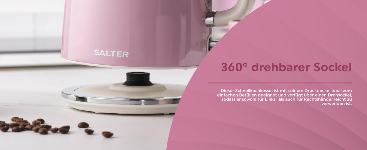 Salter Retro 1.7L Electric Kettle - 3kW, 360° Swivel Base, Removable Scale Filter, Cordless, Water Level Indicator, Boil Indicator, Dry Boil Protection & Auto Shutoff, Pink