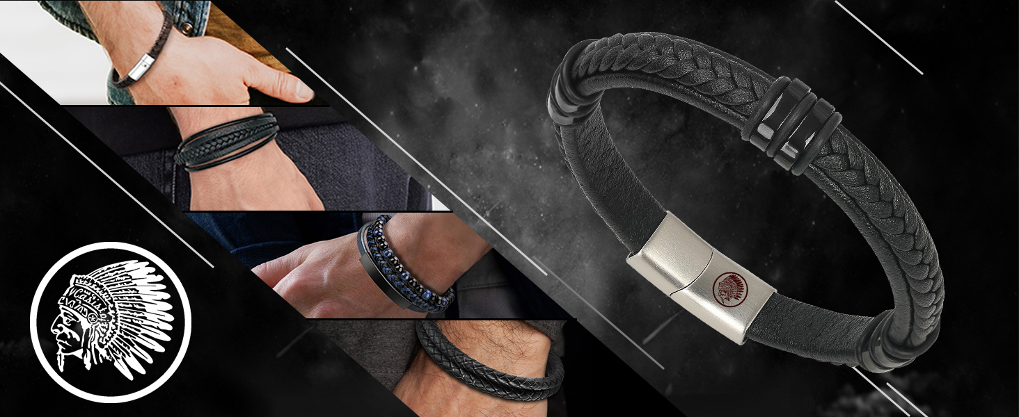 Чоловічий шкіряний браслет Casisto.J з нержавіючою сталлю, плетіння, гравіювання, північний стиль, чорний колір, з магнітною застібкою, у подарунковій коробці