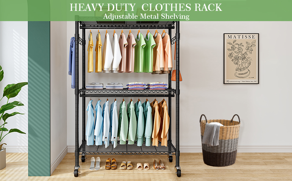 Вішалка для одягу на коліщатках металева з полицею та гачками, чорна 120x45x205 см