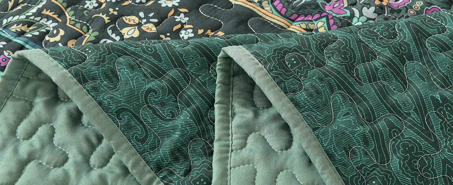 Покривало WONGS BEDDING 220x240 см, стьобане, комплект 3 шт. для двоспального ліжка, мікрофібра, у стилі бохо, темно-зелене, з 2 наволочками 50x70 см, для спальні чи дивану