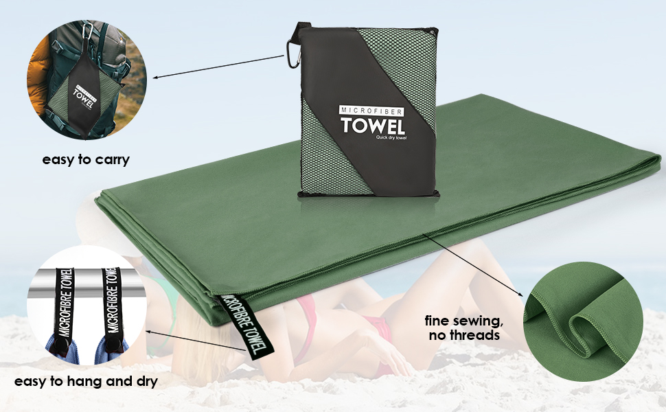 Набір з 3 рушників з мікрофібри, 180x80 см + 2 рушники 80x40 см, для фітнесу, сауни, пляжу, подорожей, темно-зелений
