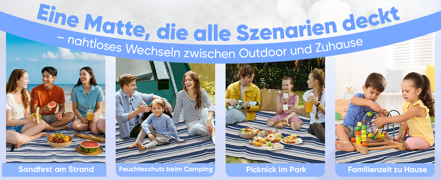 Плед для пікніка Sekey 200x200 см, водовідштовхувальний, для пляжу, кемпінгу, з PEVA-підкладкою, блакитно-біло-бежевий в смужку