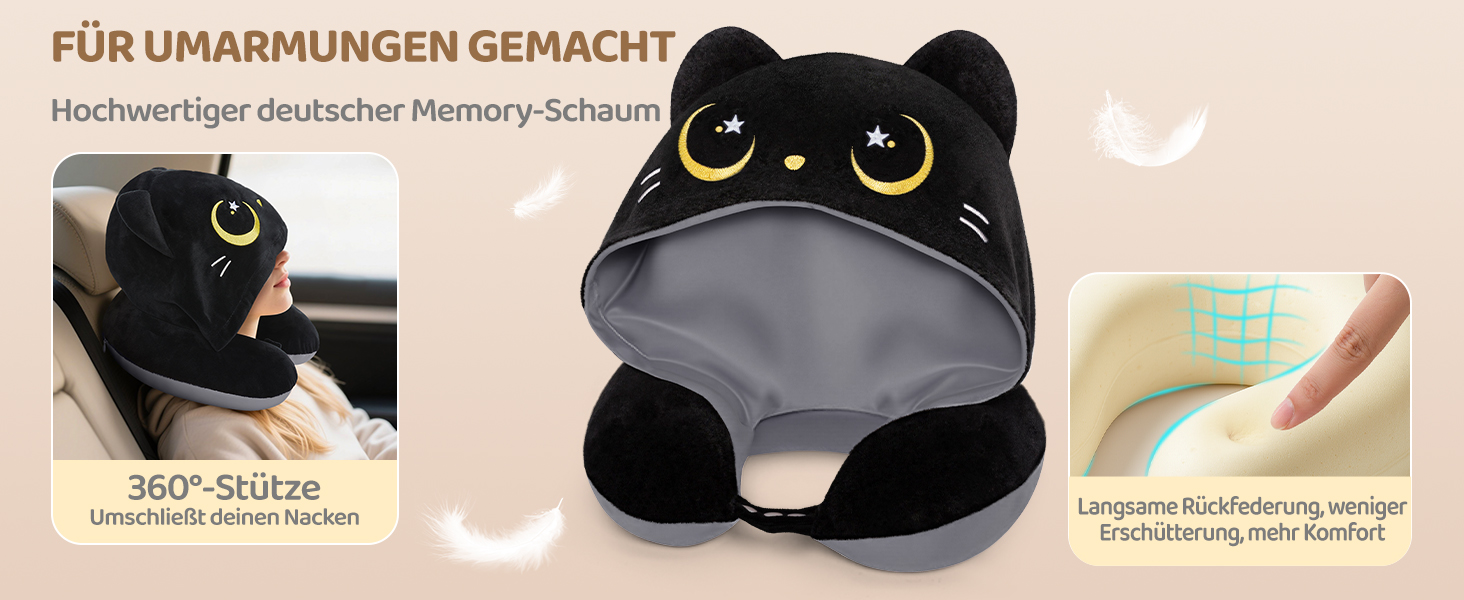 Подушка для шиї Mewaii з капюшоном, двостороння, для дітей та дорослих, дизайн котика, захист приватності, м'яка піна з пам'яті сірої кольорової гами