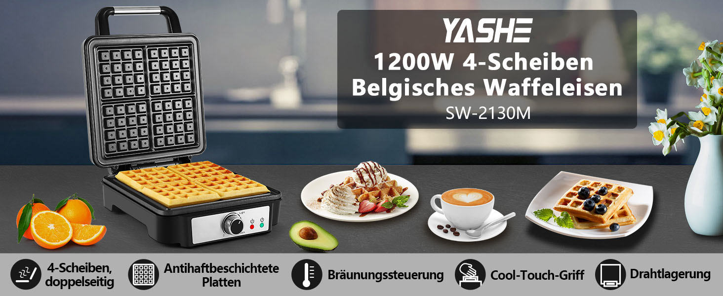 YASHE Belgian Waffle Maker - 4 Square Waffle Plates, 1200W, Non-Stick Coating, Adjustable Browning Control, Overflow Prevention, Silver/Black
