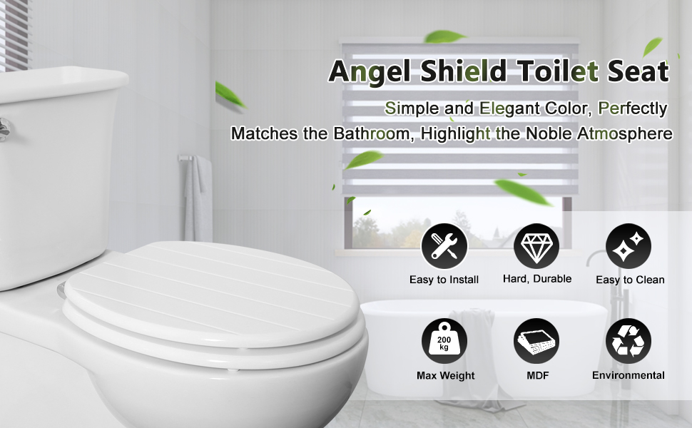 Сідушка для унітаза Angel Shield з натурального дерева, з системою повільного закривання (мікроліфт), антибактеріальне покриття, білий колір зі смугами