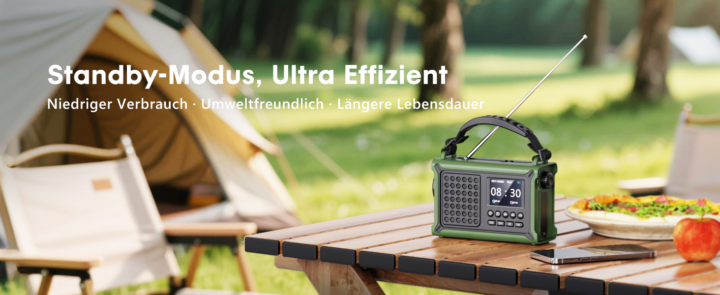 ROCAM Портативне радіо DAB+ з Bluetooth, 12000mAh, радіо з ручкою, сонячна панель 8500мм², 650mA, DAB/UKW, 2.4' дисплей, 80 станцій, LED ліхтарик, USB, SOS, IPX6, для надзвичайних ситуацій, зелене