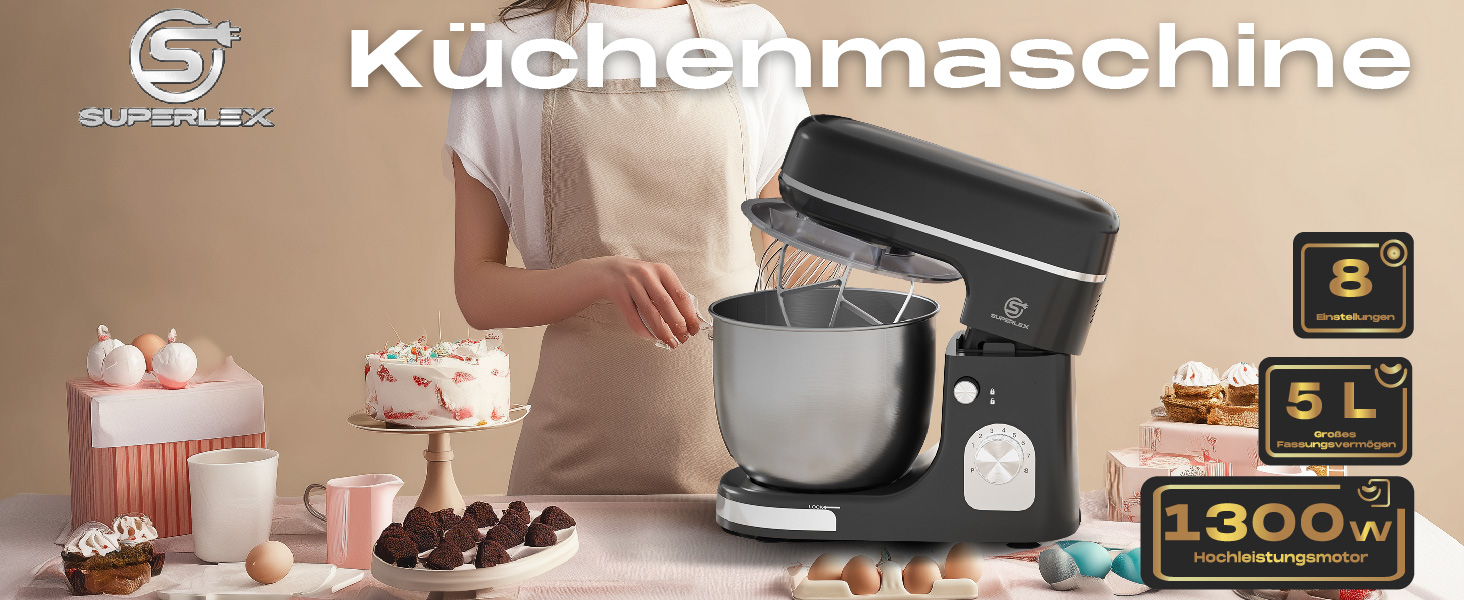 Кухонна машина SUPERLEX 3-в-1: міксер, тістоміс, блендер. 1300W, 5л чаша з нержавіючої сталі, 8 швидкостей, з набором насадок (крюк, вінчик, вінчик для збивання), захист від бризок. Для приготування тіста, випічки та десертів.