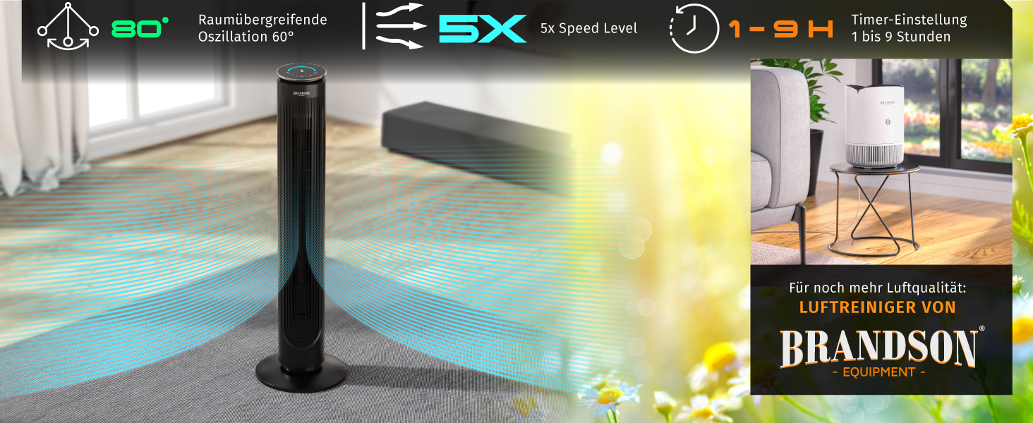Вентилятор Brandson з дистанційним керуванням, арома-відсіком, тихий, з осциляцією, таймером, 4 режими, 5 швидкостей, LED дисплеєм, чорний