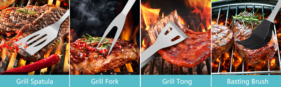 Набір гриль-посуду 5 в 1: щипці, лопатка, щітка, виделка, пензлик для м'яса. Ідеально для грилю, кемпінгу та барбекю