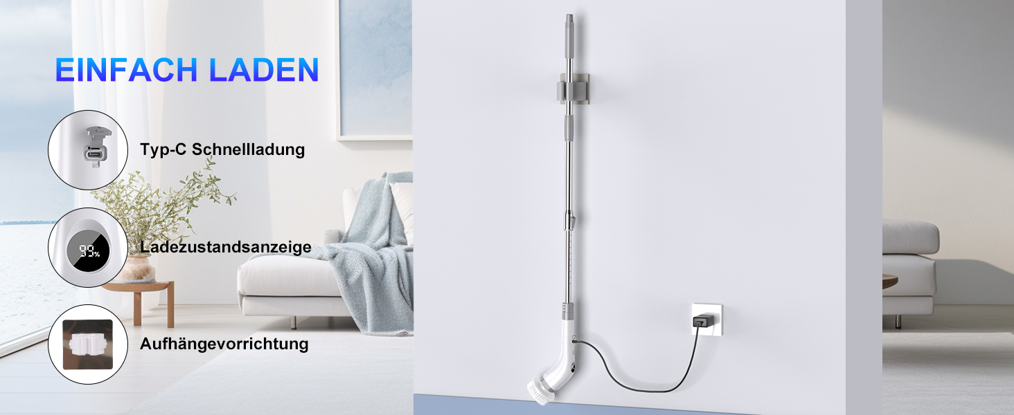 Електрична щітка для прибирання 7 в 1 з регульованою ручкою, змінними насадками, 2 швидкості, для ванної, плитки, IPX7, білий/сірий