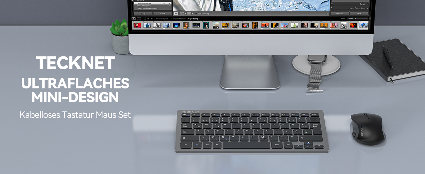 TECKNET Бездротовий Набір Клавіатури та Миші, QWERTZ, 2.4 GHz, 15м, Безшумна Клавіатура та Миша для ПК, Ноутбука, Smart TV, Білий (Сірий)