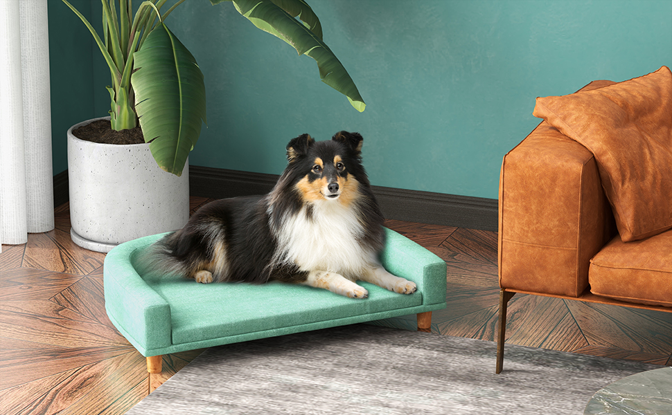 PawHut Софа для собак великих порід з підлокітниками, дерев'яними ніжками, знімним та пральним чохлом, 98 x 67 x 25 см, Зелена