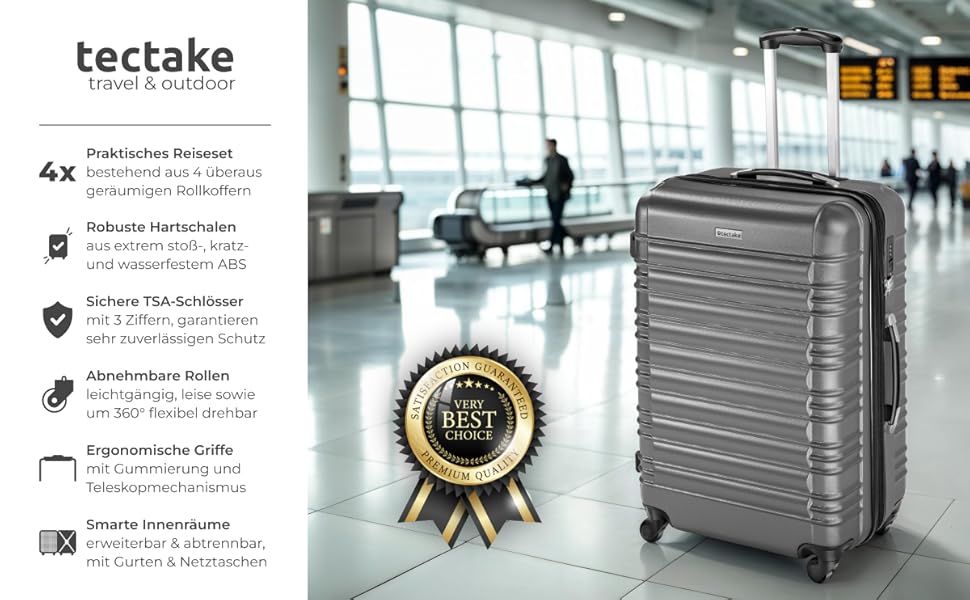 Набір валіз Tectake® 4 шт. з TSA замком, жорсткий корпус, набір валіз-тележок, ABS, 4 колеса, 360° обертання, телескопічна ручка - зелений (срібло)