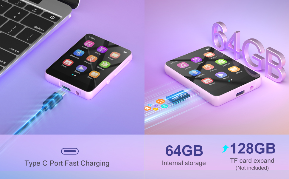 MP3 плеєр 64GB Bluetooth 5.3 HiFi, з радіо FM, диктофоном, металевим корпусом та сенсорним екраном 2.4