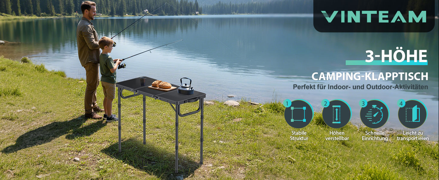 VINTEAM Складаний туристичний стіл 87x40 см, 3-х рівневий, регульована висота, алюміній, для кемпінгу, барбекю, пікніка, саду. MDF